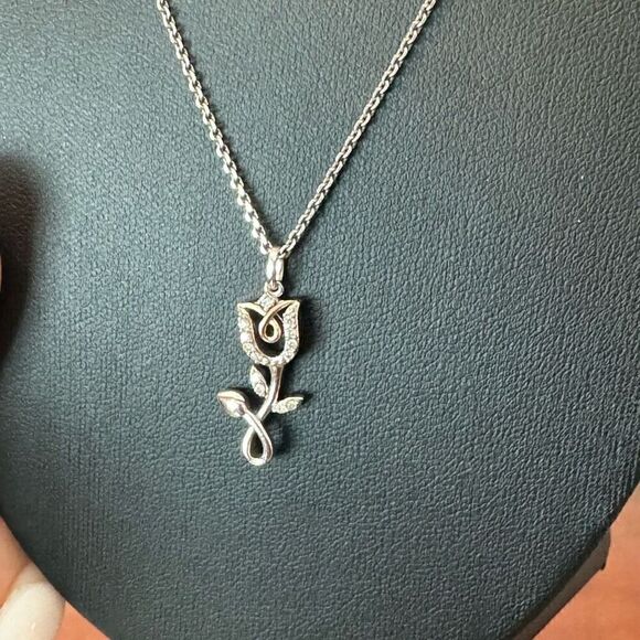 Hallmark Diamonds Flower Necklace 1/15 ct tw Sterling Silver & 10K Rose Gold 18" - Picture 7 of 9